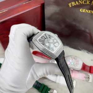 Đồng Hồ Franck Muller V32 Nữ Đính Đá Trái Tim Dây Cao Su Màu Đen Siêu Cấp 36mm (1)