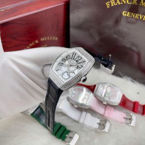 Đồng Hồ Franck Muller V32 Nữ Đính Đá Trái Tim Dây Cao Su Màu Đen Siêu Cấp 36mm (1)