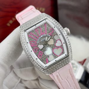 Đồng Hồ Franck Muller V32 Nữ Đính Đá Trái Tim Dây Cao Su Màu Hồng Siêu Cấp 36mm (1)
