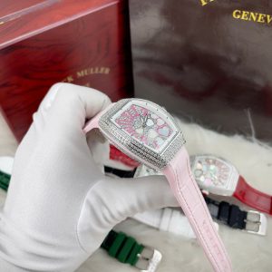 Đồng Hồ Franck Muller V32 Nữ Đính Đá Trái Tim Dây Cao Su Màu Hồng Siêu Cấp 36mm (1)