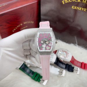 Đồng Hồ Franck Muller V32 Nữ Đính Đá Trái Tim Dây Cao Su Màu Hồng Siêu Cấp 36mm (1)