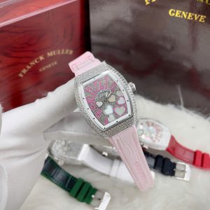Đồng Hồ Franck Muller V32 Nữ Đính Đá Trái Tim Dây Cao Su Màu Hồng Siêu Cấp 36mm (1)