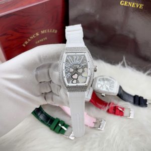 Đồng Hồ Franck Muller V32 Nữ Đính Đá Trái Tim Dây Cao Su Màu Trắng Siêu Cấp 36mm (5)