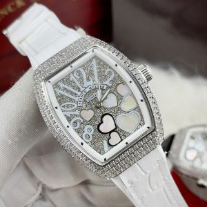 Đồng Hồ Franck Muller V32 Nữ Đính Đá Trái Tim Dây Cao Su Màu Trắng Siêu Cấp 36mm (5)