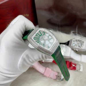 Đồng Hồ Franck Muller V32 Nữ Đính Đá Trái Tim Dây Cao Su Màu Xanh Lá Siêu Cấp 36mm (6)