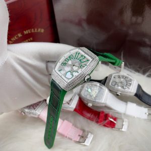 Đồng Hồ Franck Muller V32 Nữ Đính Đá Trái Tim Dây Cao Su Màu Xanh Lá Siêu Cấp 36mm (6)