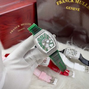 Đồng Hồ Franck Muller V32 Nữ Đính Đá Trái Tim Dây Cao Su Màu Xanh Lá Siêu Cấp 36mm (6)
