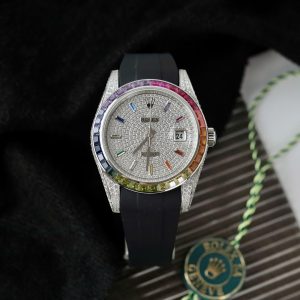 Đồng Hồ Rolex Nam Đính Đá DateJust Rainbow Replica Đính Full Đá Máy Cơ 41mm (5)