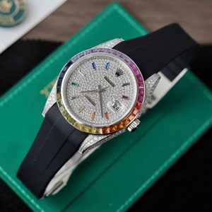 Đồng Hồ Rolex Nam Đính Đá DateJust Rainbow Replica Đính Full Đá Máy Cơ 41mm (5)
