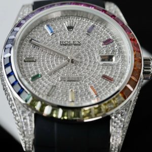 Đồng Hồ Rolex Nam Đính Đá DateJust Rainbow Replica Đính Full Đá Máy Cơ 41mm (5)