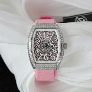 Đồng Hồ Franck Muller Nữ Siêu Cấp Vanguard V32 Đính Đá Dây Cao Su Màu Hồng 36mm (3)
