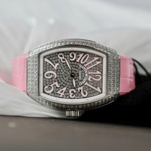 Đồng Hồ Franck Muller Nữ Siêu Cấp Vanguard V32 Đính Đá Dây Cao Su Màu Hồng 36mm (3)