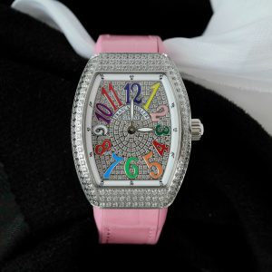 Đồng Hồ Franck Muller Nữ Siêu Cấp Vanguard V32 Đính Full Đá Dây Cao Su Màu Hồng 36mm (10)