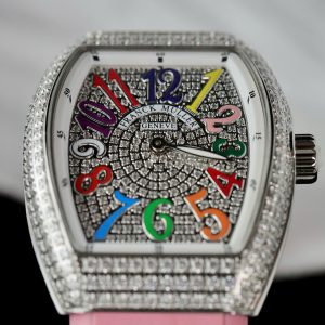 Đồng Hồ Franck Muller Nữ Siêu Cấp Vanguard V32 Đính Full Đá Dây Cao Su Màu Hồng 36mm (10)