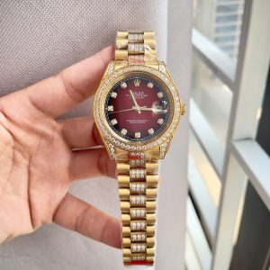 Đồng Hồ Rolex Fake Máy Cơ Nhật Day-Date Đính Full Đá Mặt Số Đỏ 36-40mm (2)