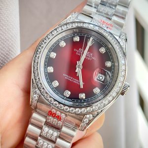 Đồng Hồ Rolex Fake Máy Cơ Nhật Day-Date Mặt Số Màu Đỏ Đính Đá 36-40mm (4)