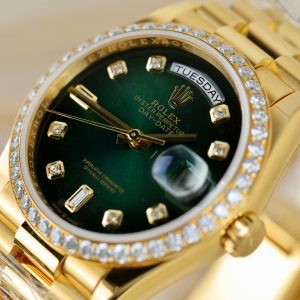 Đồng Hồ Rolex Chế Tác Day-Date 128348 Mặt Xanh Lá Cây Ombre Bọc Vàng 18K Vành Đính Moissanite 36mm (2)