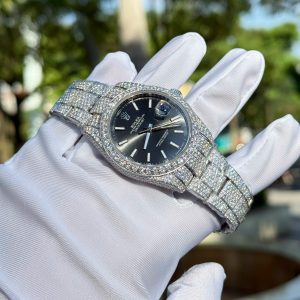 Đồng Hồ Rolex DateJust Mặt Đen Chế Tác Đính Full Đá Moissanite Hong Kong 41mm (2)