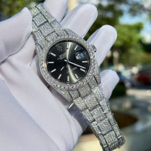 Đồng Hồ Rolex DateJust Mặt Đen Chế Tác Đính Full Đá Moissanite Hong Kong 41mm (2)