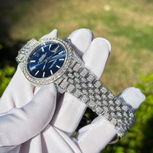 Đồng Hồ Rolex DateJust Mặt Xanh Dương Chế Tác Đính Full Đá Moissanite Hong Kong 41mm (2)