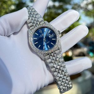 Đồng Hồ Rolex DateJust Mặt Xanh Dương Chế Tác Đính Full Đá Moissanite Hong Kong 41mm (2)