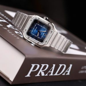 Đồng Hồ Cartier Santos Mặt Xanh Dương Rep 11 Viền Đính Đá Moissanite Máy Cơ Thụy Sỹ Xưởng BV 39 (2)