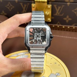 Đồng Hồ Cartier Santos Nam Chế Tác Mặt Lộ Cơ Viền Đen Dây Kim Loại 39 (2)