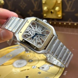 Đồng Hồ Cartier Santos Rep 11 Mặt Lộ Cơ Viền Vàng Dây Kim Loại 39 (1)