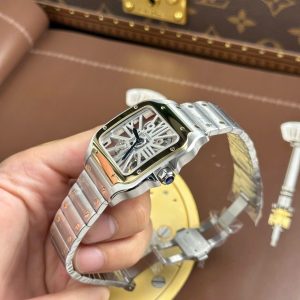 Đồng Hồ Cartier Santos Rep 11 Mặt Lộ Cơ Viền Vàng Dây Kim Loại 39 (1)