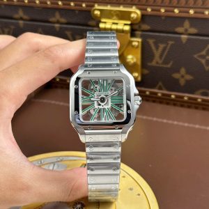 Đồng Hồ Cartier Santos Rep Cao Cấp Mặt Lộ Cơ Cọc Số Màu Xanh Lá Cây 39 (2)