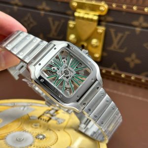 Đồng Hồ Cartier Santos Rep Cao Cấp Mặt Lộ Cơ Cọc Số Màu Xanh Lá Cây 39 (2)