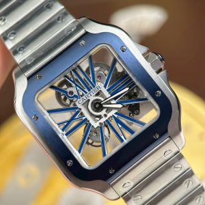 Đồng Hồ Nam Cartier Santos Replica 11 Mặt Lộ Cơ Viền Xanh Dương Dây Kim Loại 39 (2)