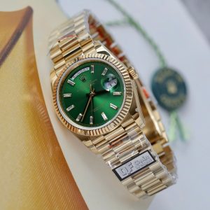 Đồng Hồ Rolex Day-Date Mặt Xanh Lá Cây Chế Tác Mạ Vàng Trọng Lượng 159 Gram Xưởng QF 36mm (2)