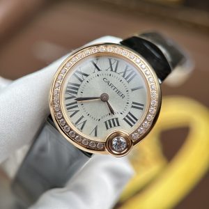 Đồng Hồ Cartier Ballon Blanc Rep 11 Nữ Viền Đính Đá Dây Da Đen Nhà Máy AF 30mm (2)