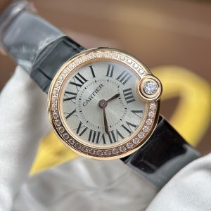 Đồng Hồ Cartier Ballon Blanc Rep 11 Nữ Viền Đính Đá Dây Da Đen Nhà Máy AF 30mm (2)