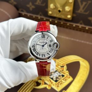 Đồng Hồ Cartier Ballon Bleu Rep 11 Nữ Dây Da Màu Đỏ Máy Cơ Tự Động Xưởng AF 33mm (2)