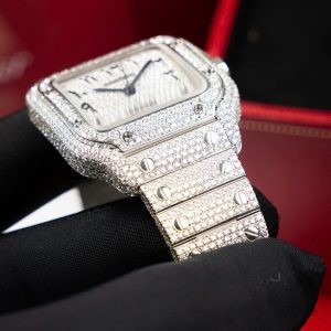 Đồng Hồ Cartier Santos Chế Tác Cọc Số Ả Rập Đính Full Đá Moissanite Hong Kong 39 (2)