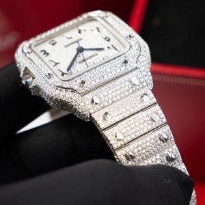 Đồng Hồ Cartier Santos Chế Tác Cọc Số Ả Rập Đính Full Đá Moissanite Hong Kong 39 (2)
