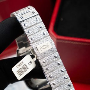 Đồng Hồ Cartier Santos Chế Tác Cọc Số Ả Rập Đính Full Đá Moissanite Hong Kong 39 (2)