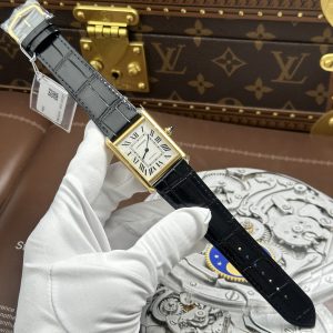 Đồng Hồ Cartier Tank Louis Chế Tác Mặt Trắng Vỏ Mạ Vàng Dây Da Đen 27.8×38 (2)