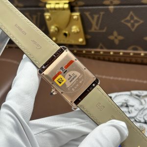 Đồng Hồ Cartier Tank Louis Fake Cao Cấp Mặt Trắng Vỏ Mạ Vàng Hồng Dây Da Nâu 27.8×38 (2)
