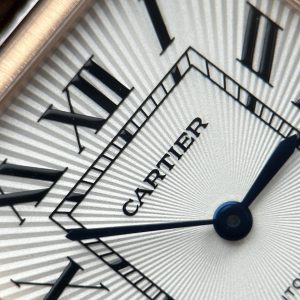 Đồng Hồ Cartier Tank Louis Fake Cao Cấp Mặt Trắng Vỏ Mạ Vàng Hồng Dây Da Nâu 27.8×38 (2)